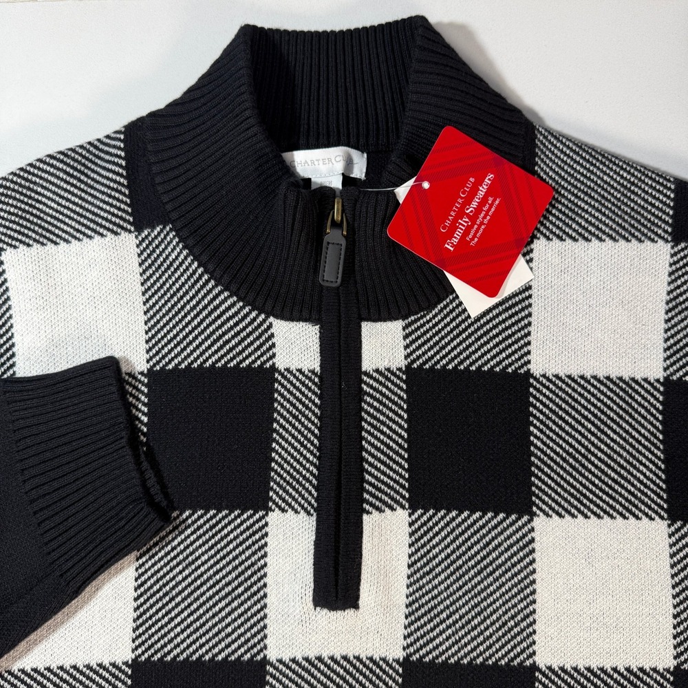 Charter Club Mens XL‎ Black White Buffalo Plaid 1/4 Zip Sweater Size XL